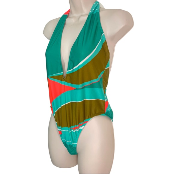 TIBI Deep V low cut halter 1 pc swimsuit in retro print sz LG NEW - Picture 3 of 12